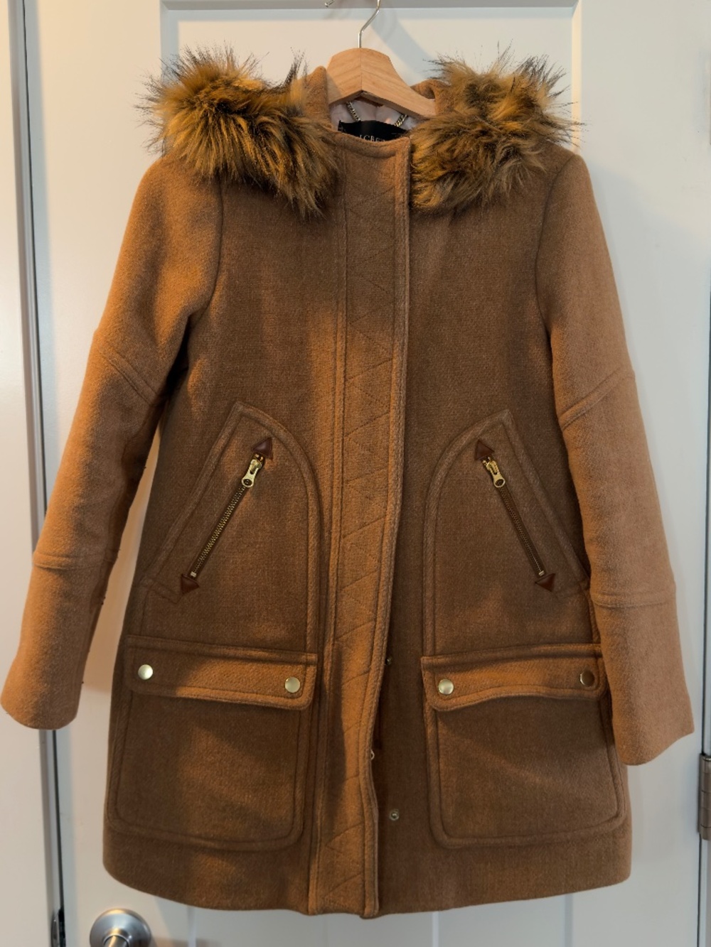 J Crew Factory 4P camel Italian Stadium wool hooded jacket